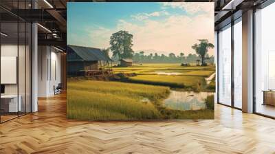 Rice field morning with a hut Wall mural