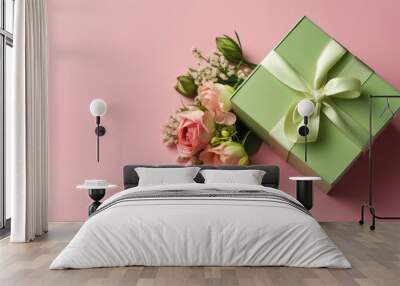 Top view of gift box with tulips Wall mural