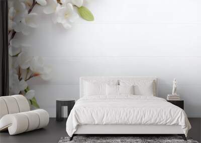 White background with white flowers and leaves Wall mural