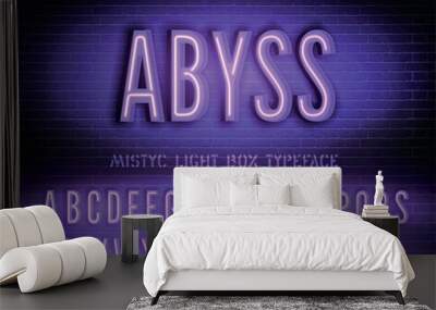 Abyss sign with violet neon box narrow alphabet on dark brick wall background. Vector illustration Wall mural