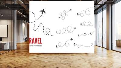 Airplane dashed lines path with start point and dash line trace vector set. Travel concept. Airplane routes Wall mural