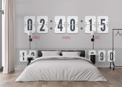 Analog airport board countdown timer with hour and minute flip number. White scoreboard number font with shadows isolated on light background. Vintage flip clock time counter vector template. Wall mural