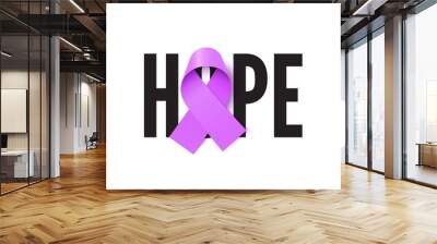 Hope purple ribbon realistic vector banner template. Immune system disease, lupus awareness symbol with typography. 3D purple tape, charity foundation logotype isolated on white background Wall mural