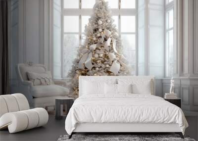 Christmass tree and white gift boxes with silver bows in white interior. Generative AI Wall mural