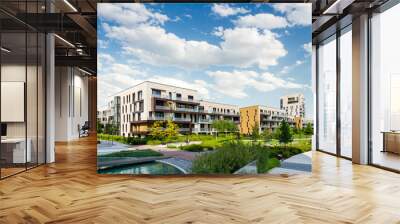 Public green park with modern blocks of flats and blue sk Wall mural