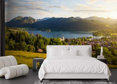 view of mountains and mountain lake during sunset in summer. beautiful town of schliersee in bavaria Wall mural