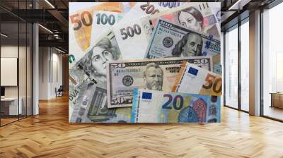 Banknotes of different countries background, top view Wall mural