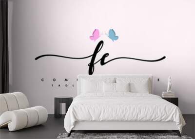 Initial FE with a butterfly on the handwriting Logo vector. Letter Logo Handwriting Template. two blue and ping butterflies Wall mural