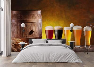 Beer glasses with a wooden barrel. Wall mural