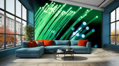 Bundle of optical fibers with green lights. Wall mural