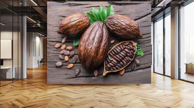 Cocoa pod and cocoa beans on the wooden table. Top view. Wall mural