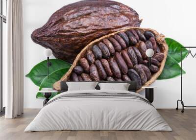 Cocoa pods and cocoa beans - chocolate basis isolated on a white background. Wall mural