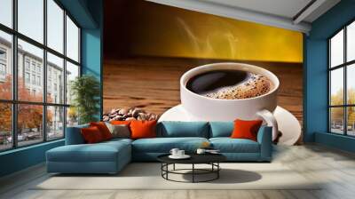 Coffee cup and saucer on a wooden table. Wall mural