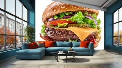 Delicious hamburger with beef cutlet, vegetables and onions isolated on a white background. Fast food concept. Wall mural