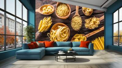 Different pasta types in wooden spoons on the table. Top view. Wall mural