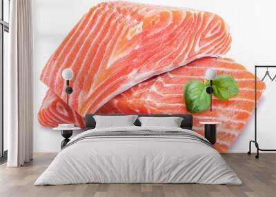 Fresh raw salmon fillets  decorated with green basil. Wall mural