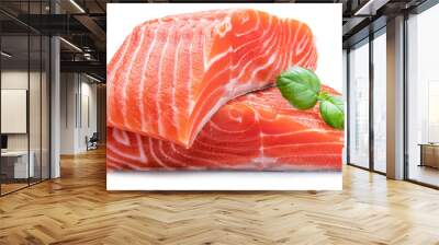 Fresh raw salmon fillets  decorated with green basil. Wall mural