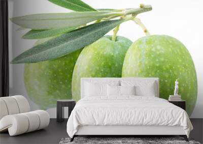 Green natural olives with leaves isolated on a white background. Wall mural