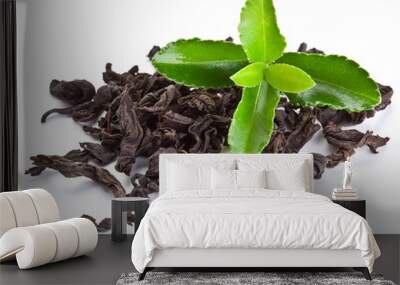 heap of dry tea with green tea leaves. Wall mural