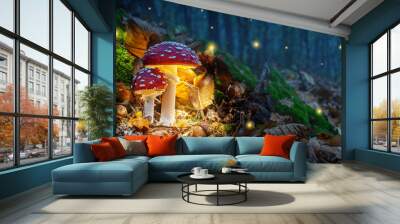 Mystical fly agarics glow in a mysterious dark forest. Fairytale background for Halloween. Wall mural