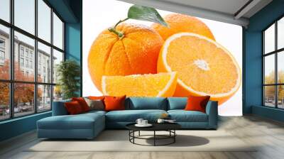 Orange with leaf on a white background. Wall mural