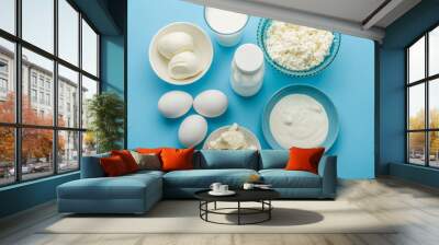 Protein products: cheese, cream, milk, eggs on the blue backgrou Wall mural