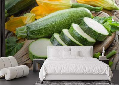 Zucchini with slices and zucchini flowers on a wooden table. Wall mural