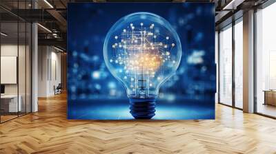 A light bulb with a complex digital network inside against a dark technological background. Artificial intelligence and Innovative technology concept. Wall mural