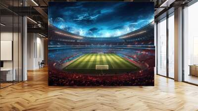 A spectacular image of a night football stadium with bright fireworks under a starry sky. Wall mural