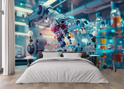 Advanced robotic arms in high-tech manufacturing facility Wall mural