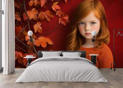 Autumn portrait of young girl with red hair leaves Wall mural