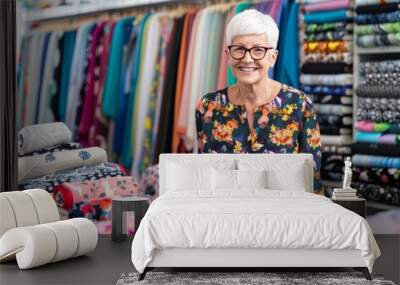 Cheerful elderly woman browsing at a fabric store Wall mural