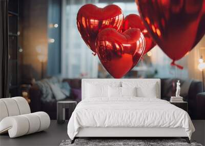 close-up of many red heart-shaped balloons against a backdrop of a home interior. valentine's day co Wall mural