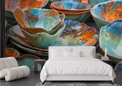 Colorful handmade ceramic bowls and plates with unique designs Wall mural