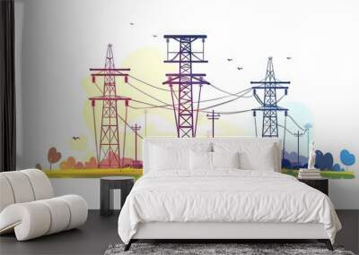 Colorful landscape with electricity pylons at sunset Wall mural