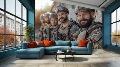 Confident military squad in camouflage gear posing outdoors Wall mural