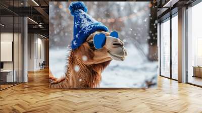 cool camel in party hat and sunglasses celebrating winter Wall mural