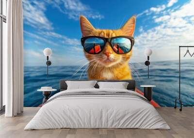 Cool cat in sunglasses on boat with ocean backdrop Wall mural