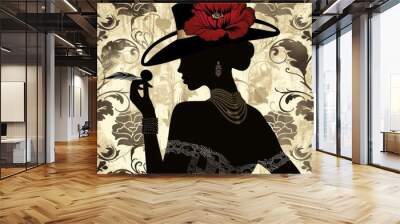 Elegant silhouette of a stylish woman with a vintage hat and flower Wall mural