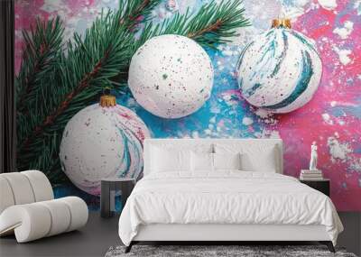 Festive Christmas balls with pine branches on colorful background Wall mural