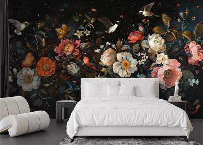 Floral paradise with vivid blooms and fluttering birds on dark background Wall mural