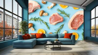 Fresh ingredients for gourmet cooking on blue background Wall mural