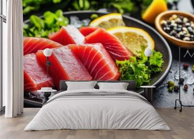 Fresh sashimi slices with lemon greens on dark background Wall mural