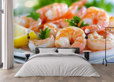 Freshly cooked shrimp with lemon and parsley on a plate Wall mural