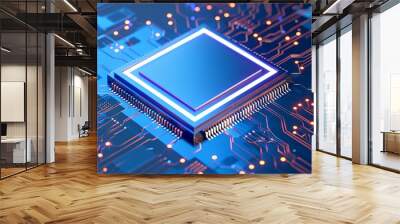 futuristic blue microchip on circuit board technology background Wall mural