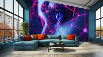 Futuristic cybernetic eye with neon network connections Wall mural