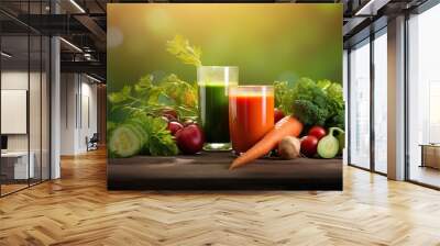 Glasses of green and red vegetable juices on a wooden surface, surrounded by fresh vegetables including broccoli, tomatoes, and cucumbers, against a backdrop of green lighting. Wall mural