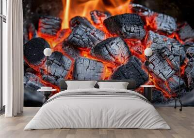 Glowing charcoal embers in barbecue grill Wall mural