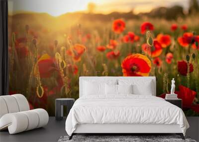 Golden hour glow over vivid red poppy field Wall mural