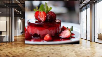 Gourmet red berry dessert with fresh strawberries on elegant white plate Wall mural